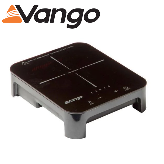 Vango Sizzle Single Induction Hob with a sleek design, featuring a smooth cooking surface and control knobs.