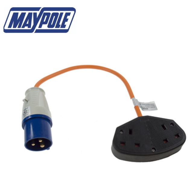 Maypole 230V UK twin caravan trailing socket with two electrical outlets, suitable for outdoor use and caravan power connections.