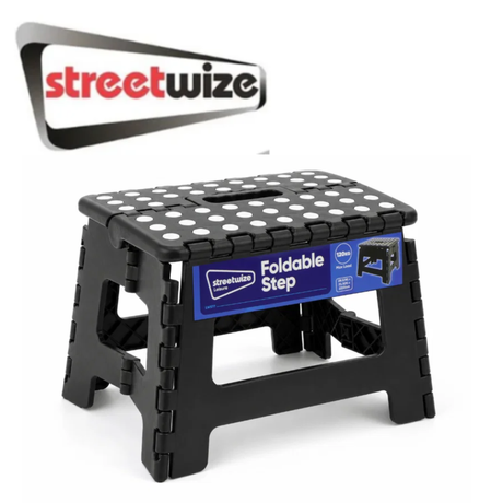 Streetwize plastic folding step with non-slip surface and sturdy frame, ideal for reaching higher areas safely.