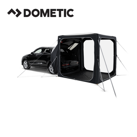 Dometic Hub Connect Tunnel for modular accessories, shown attached to an SUV, providing extra space and shelter.