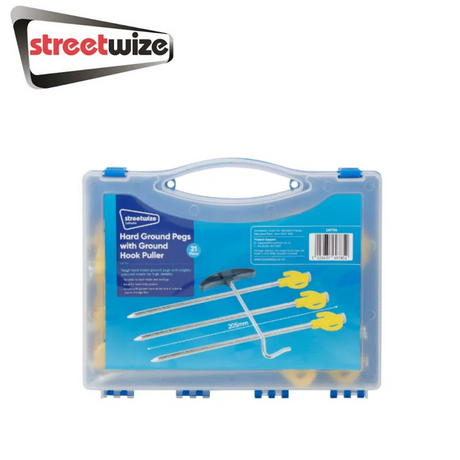 Streetwize 21 pcs hard ground pegs and ground hook puller set on a surface, showcasing durable construction and design.