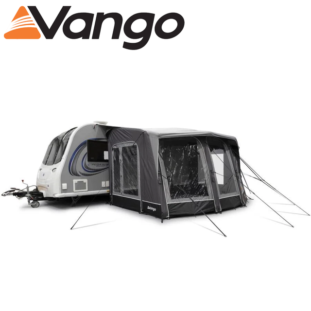 Vango Tuscany Air Pro Shield 400 caravan awning set up in a campsite with a spacious design and durable fabric.