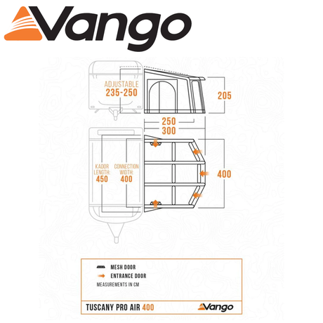 Vango Tuscany Air Pro Shield 400 caravan awning set up outside, showcasing its spacious design and durable materials.