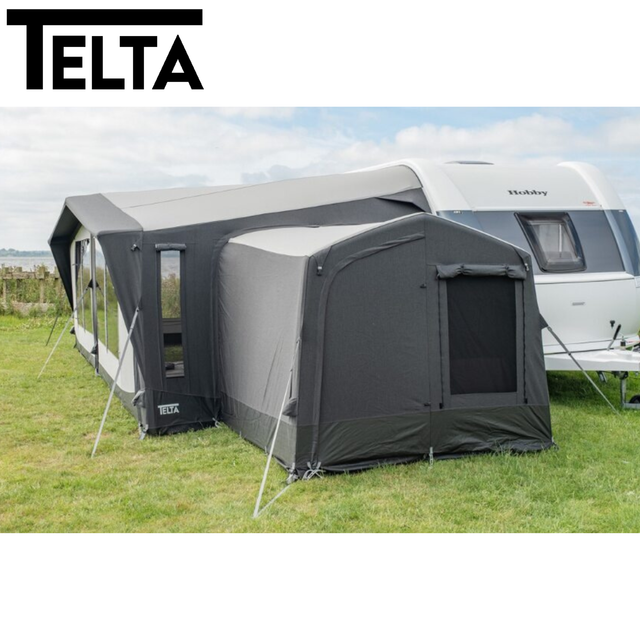 Telta Residential Extra Tall Annexe Air structure with spacious design and sturdy construction, set against a garden backdrop.