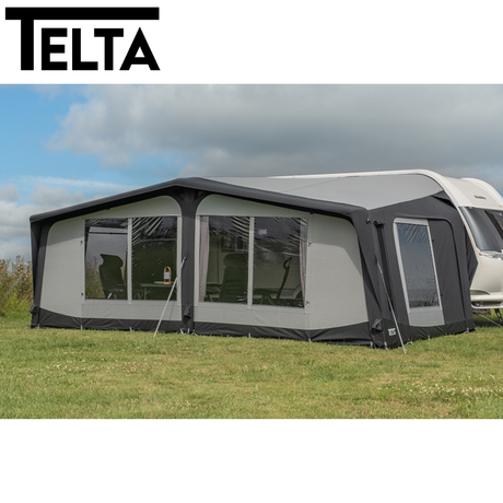 Telta Apex Air Full Awning set up, showcasing its spacious design and air-filled structure in a camping environment.