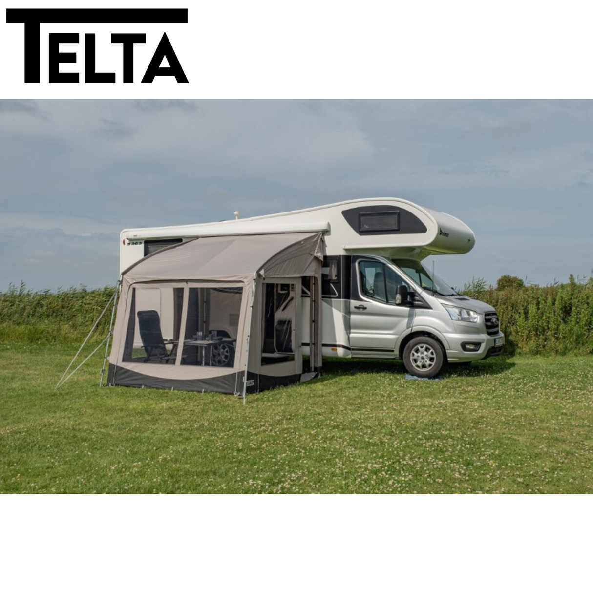 Telta Pace 260 lightweight poled awning set up in a campsite, showcasing its spacious design and sturdy poles.