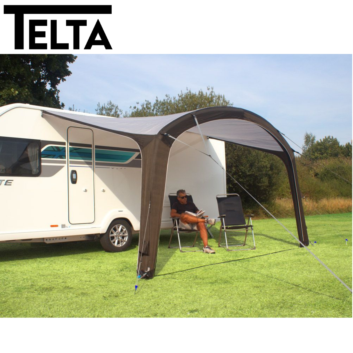 Telta Sky 400 Air Sun Canopy displayed in a vibrant outdoor setting with a spacious shade area and lightweight design.