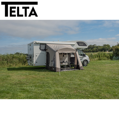 Telta Spirit 290 lightweight air porch awning set up outside, featuring a spacious design and durable materials.