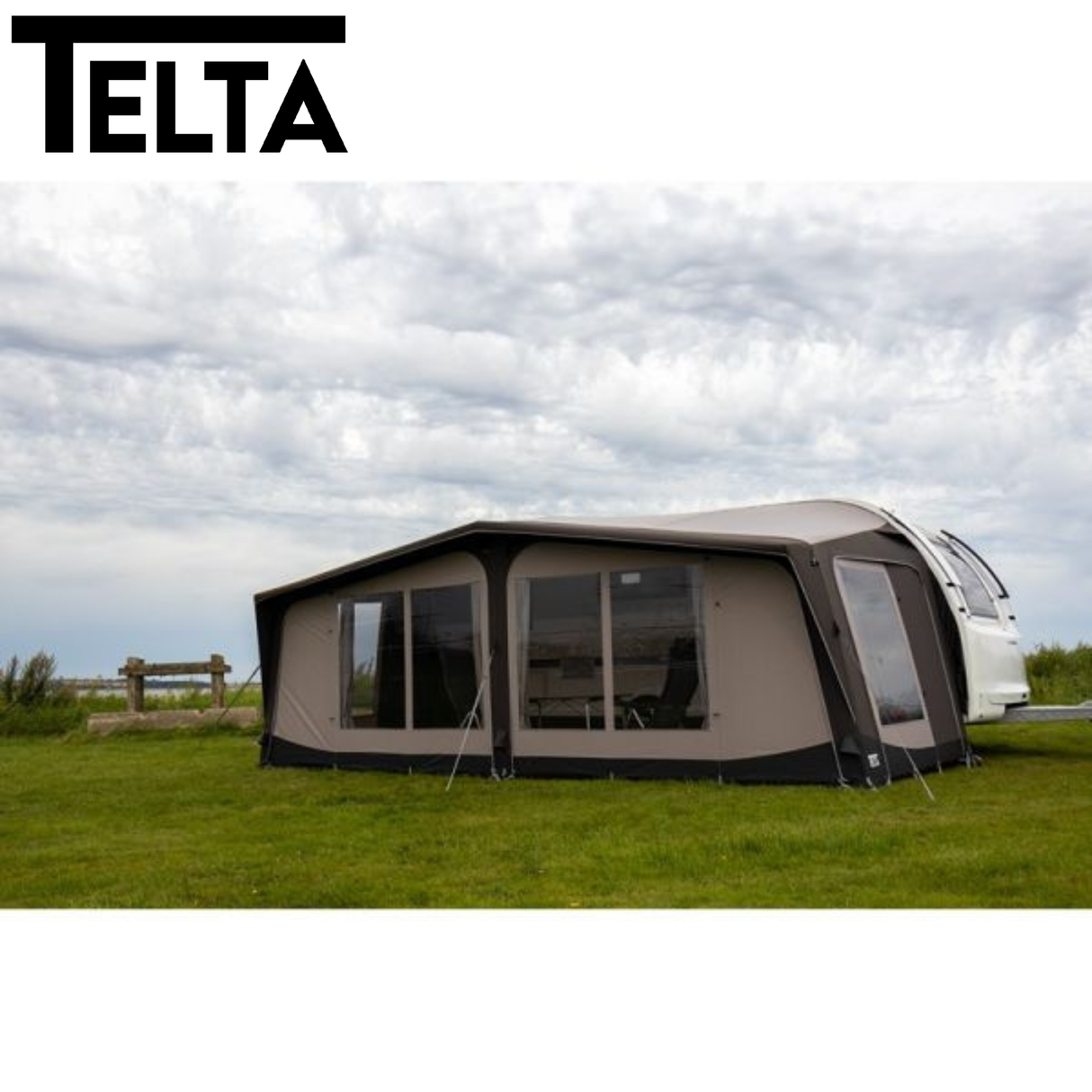 Telta Lounge Air Full Awning set up, showcasing its spacious design and durable fabric for outdoor use.