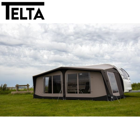 Telta Lounge Air Full Awning set up, showcasing its spacious design and durable fabric for outdoor use.