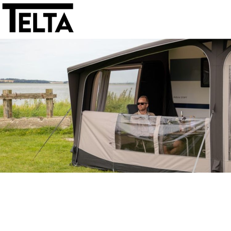 Telta Lounge Air Full Awning displayed in a spacious outdoor setting, showcasing its design and structure.