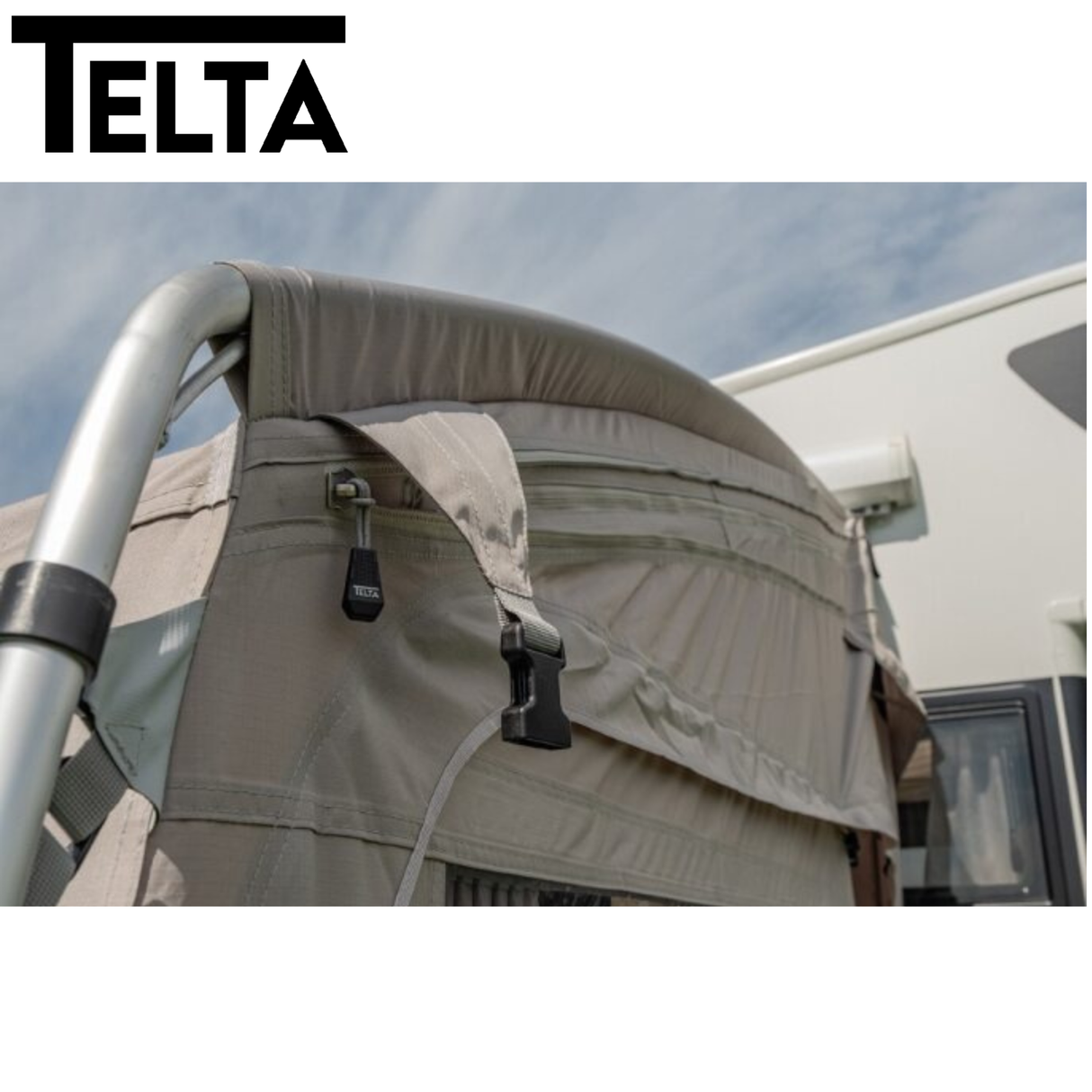 Telta Pace 390 lightweight poled awning set up outdoors, showcasing its spacious design and durable fabric.