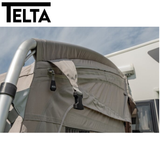 Telta Pace 390 lightweight poled awning set up outdoors, showcasing its spacious design and durable fabric.