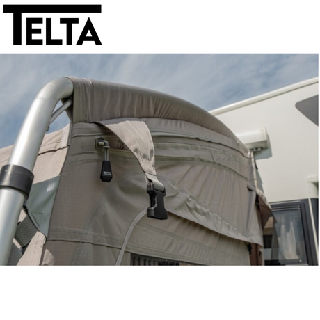 Telta Pace 390 lightweight poled awning set up outdoors, showcasing its spacious design and durable fabric.
