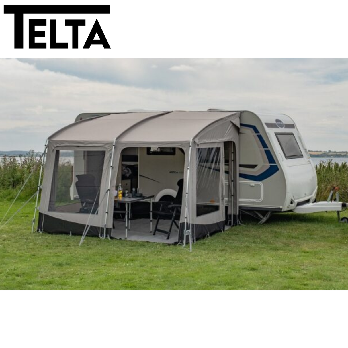 Telta Pace 330 lightweight poled awning set up outdoors, showcasing its spacious design and sturdy poles.