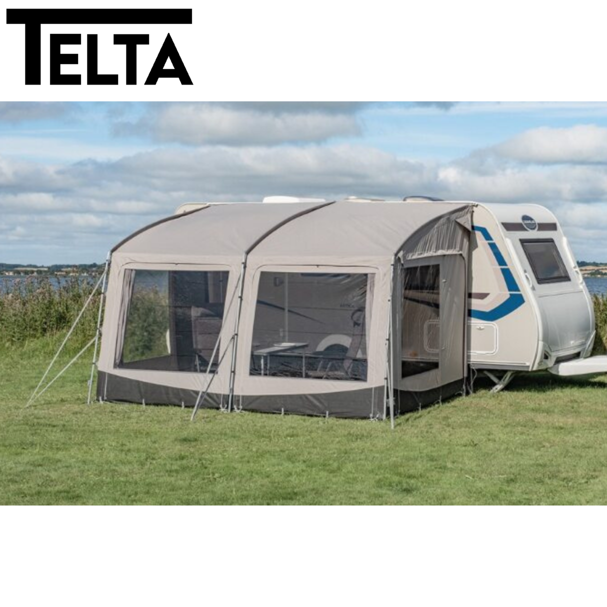 Telta Pace 390 lightweight poled awning set up in a garden, showcasing its spacious interior and sturdy design.
