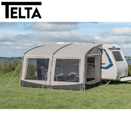 Telta Pace 390 lightweight poled awning set up in a garden, showcasing its spacious interior and sturdy design.