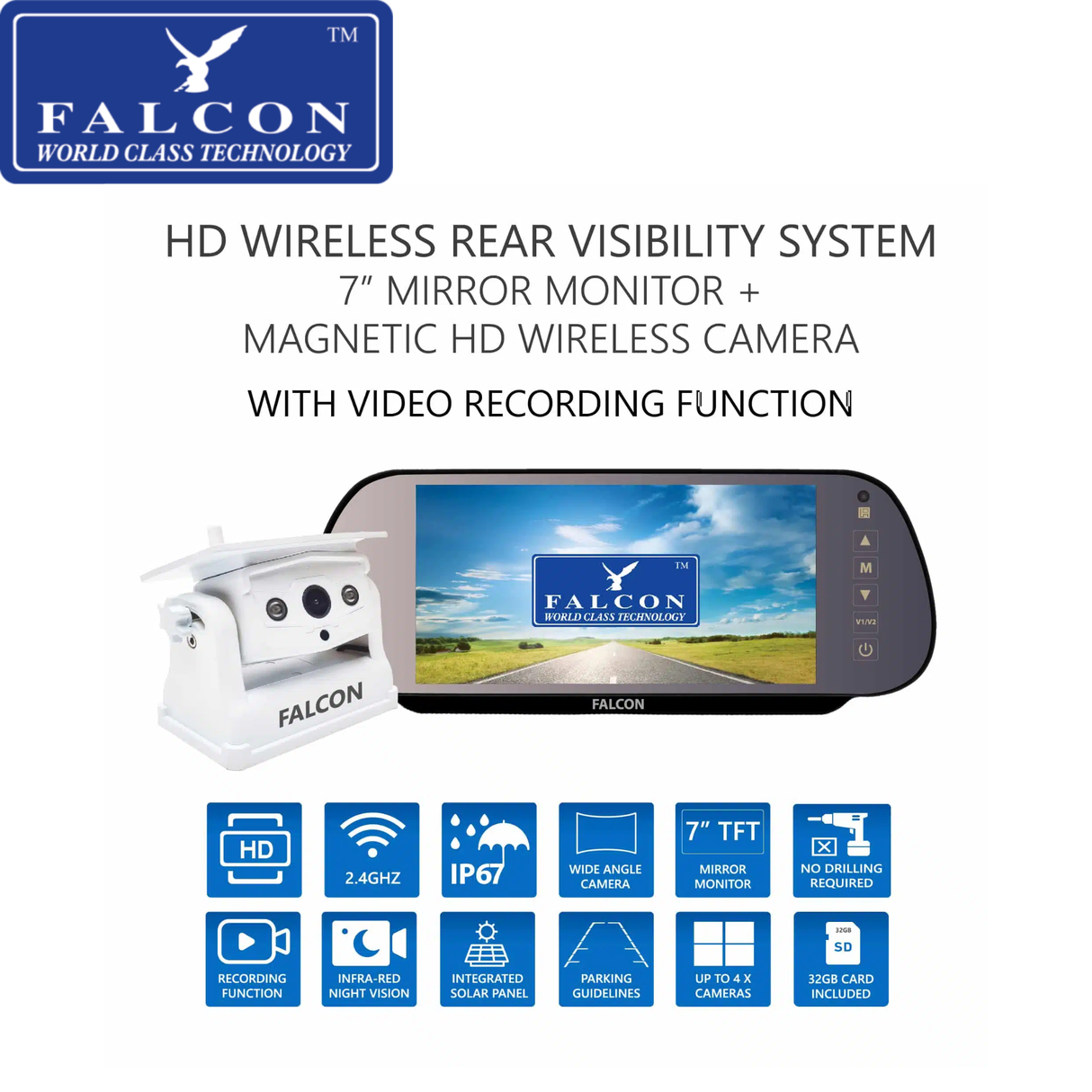 Falcon HD Wireless Camera System + 7″ Mirror Monitor With DVR Recording Function