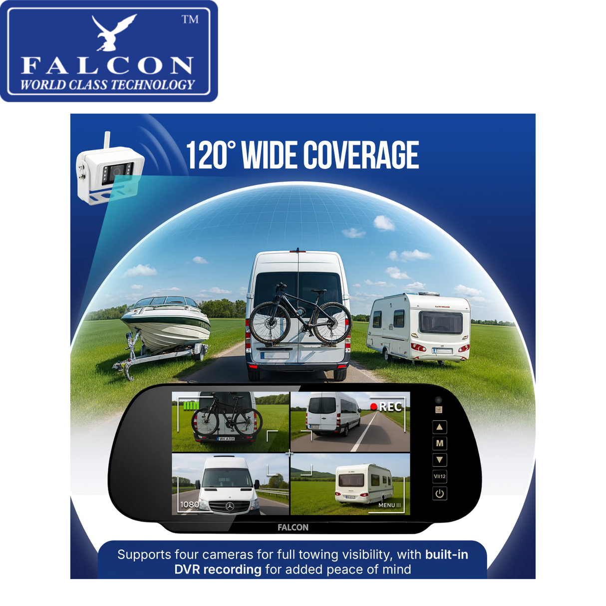 Falcon HD Wireless Camera System + 7″ Mirror Monitor With DVR Recording Function
