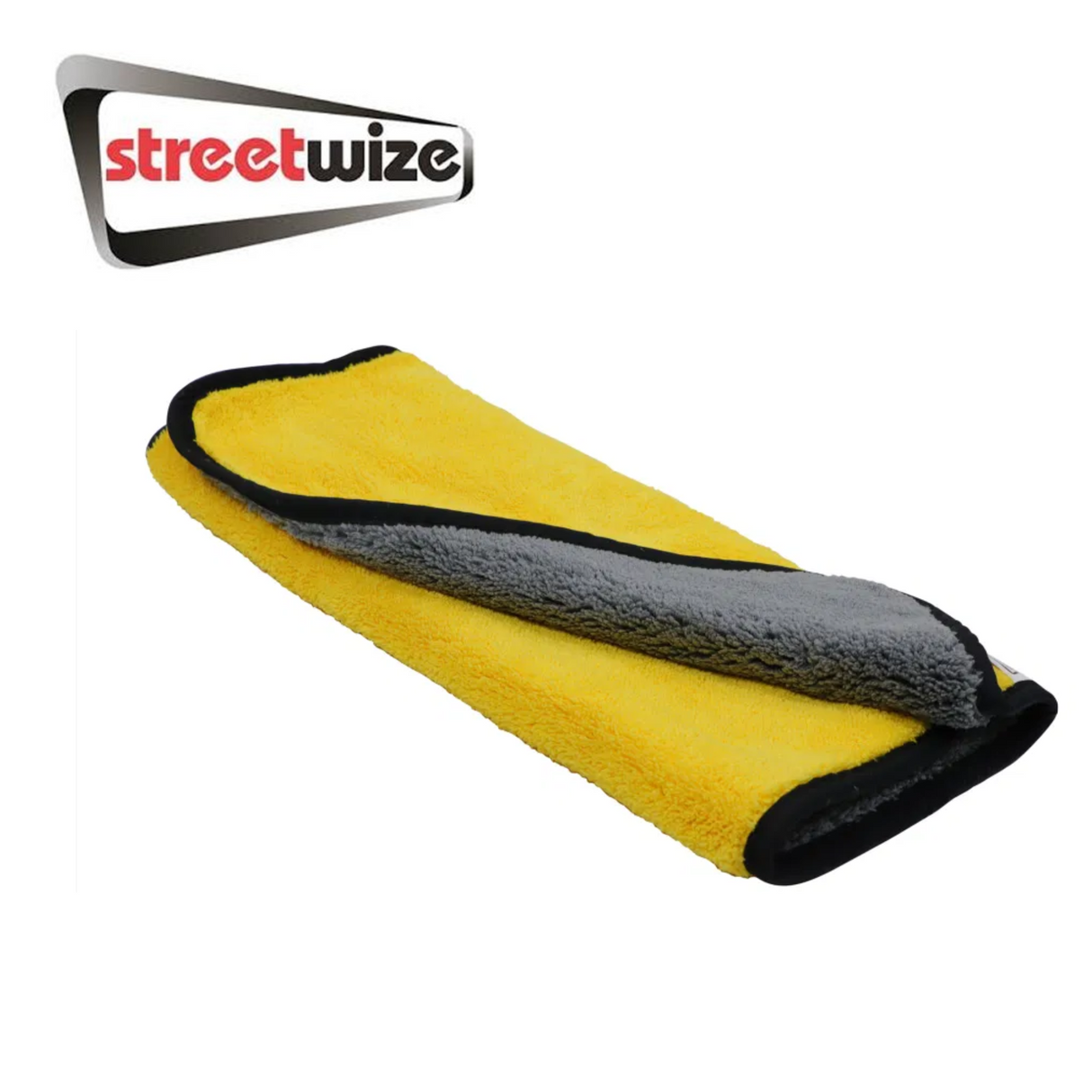 Streetwize 2 in 1 premium microfibre towel, showcasing its soft texture and versatile design for drying and cleaning.