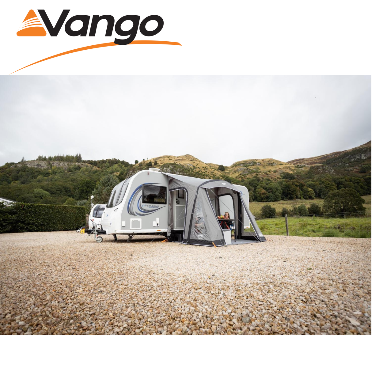 Vango Palma Air 260 Awning displayed on a caravan, showcasing its spacious design and inflatable structure.