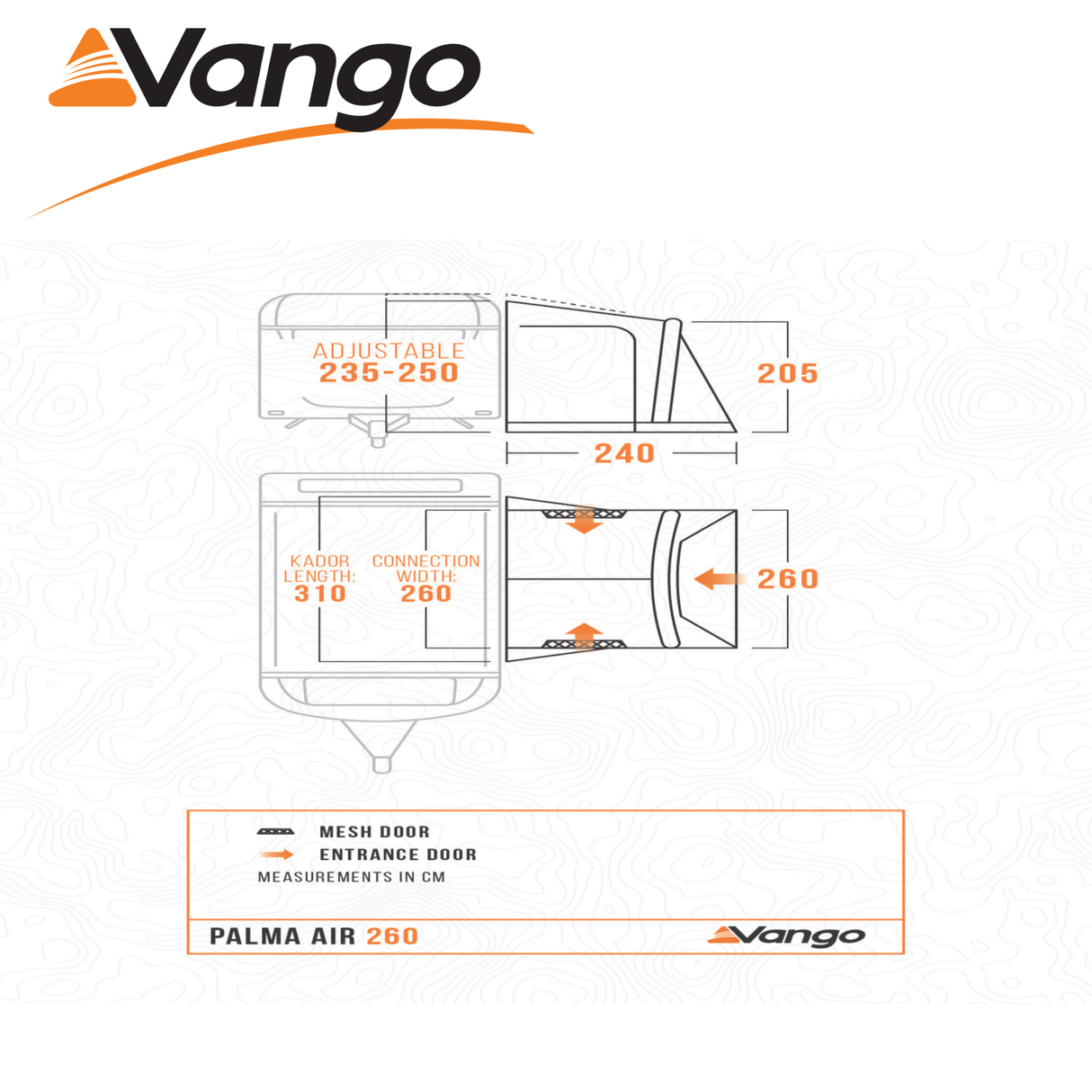 Vango Palma Air 260 Awning in a campsite setting, showcasing its spacious design and inflatable structure for caravans.