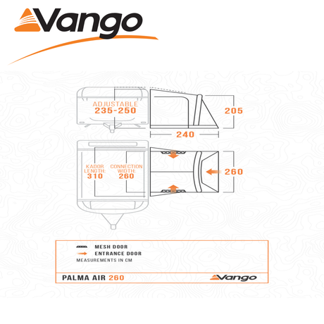 Vango Palma Air 260 Awning in a campsite setting, showcasing its spacious design and inflatable structure for caravans.