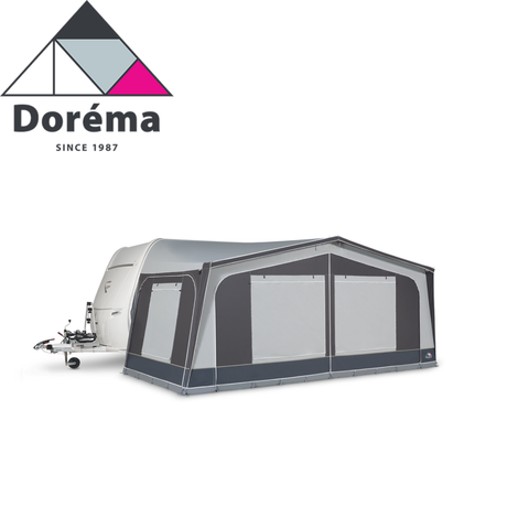 Dorema Monza 240 DeLuxe Full Awning set up, showcasing durable fabric and spacious design for outdoor camping use.