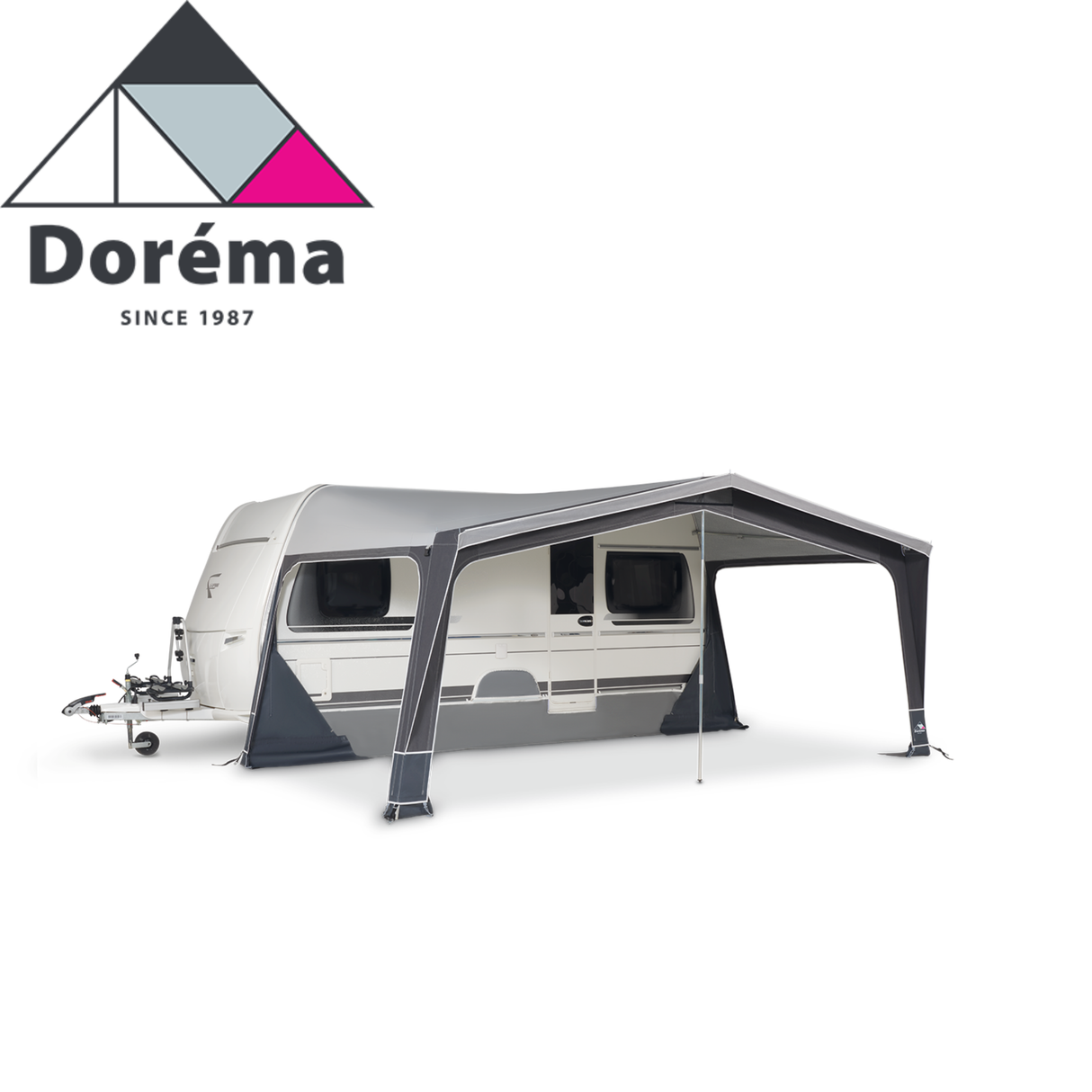 Dorema Diamond XL 300 Deluxe Full Awning showcasing its spacious design and durable fabric in a campsite setting.