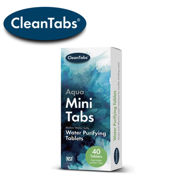 Cleantabs Aqua Tabs water purifier tablets in a clear packaging, ideal for safe drinking water purification.