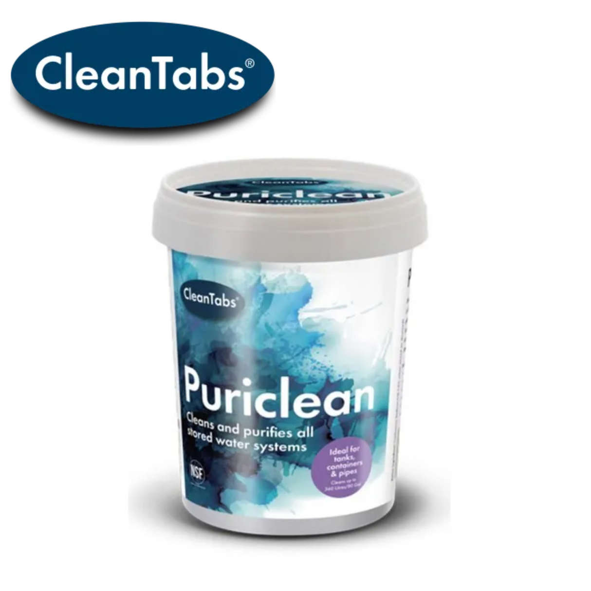 Puriclean tank cleaner by Cleantabs in a bottle with a clear label and liquid inside, set against a neutral background.