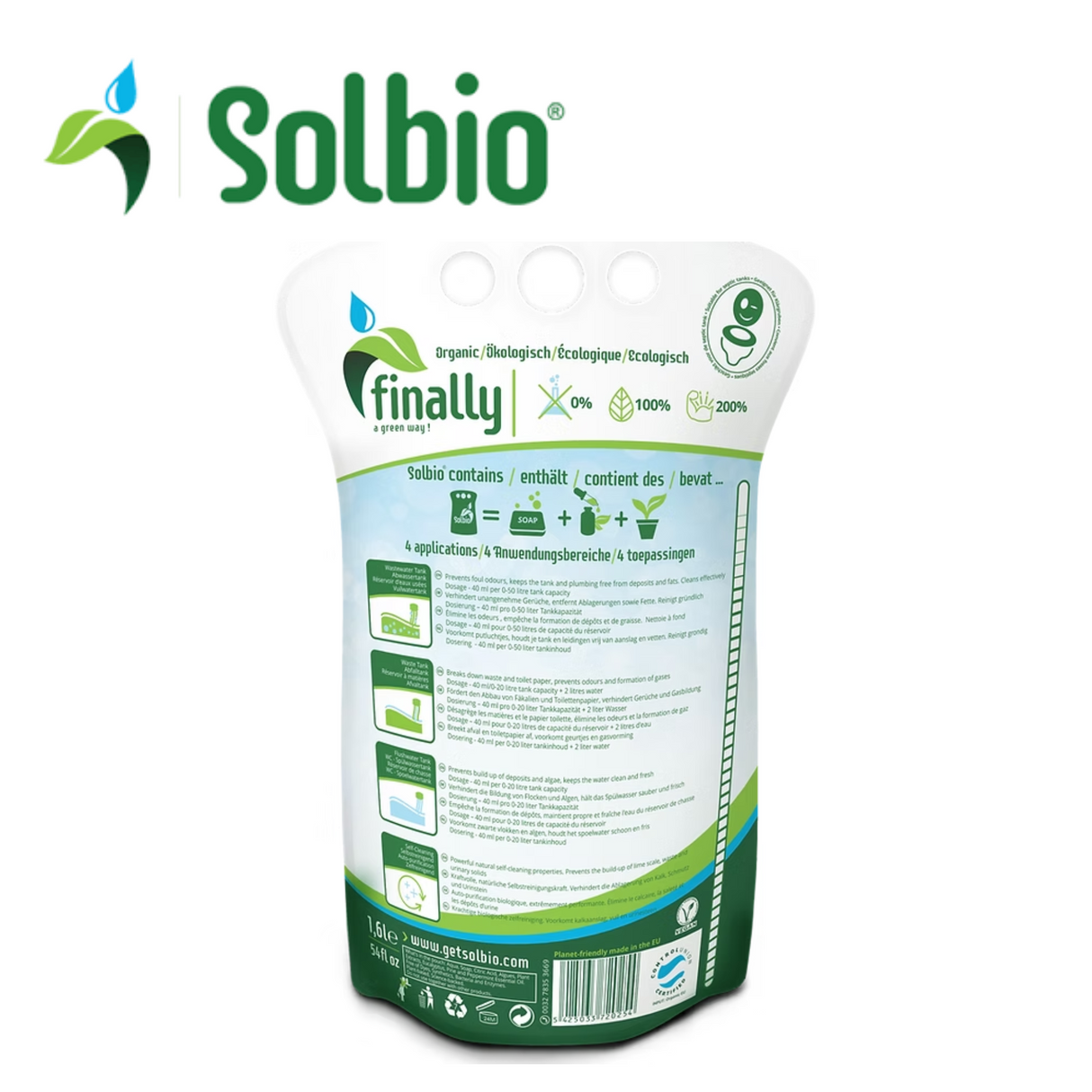 Solbio multi-purpose toilet fluid bottle with a pump dispenser, suitable for cleaning and freshening toilets.