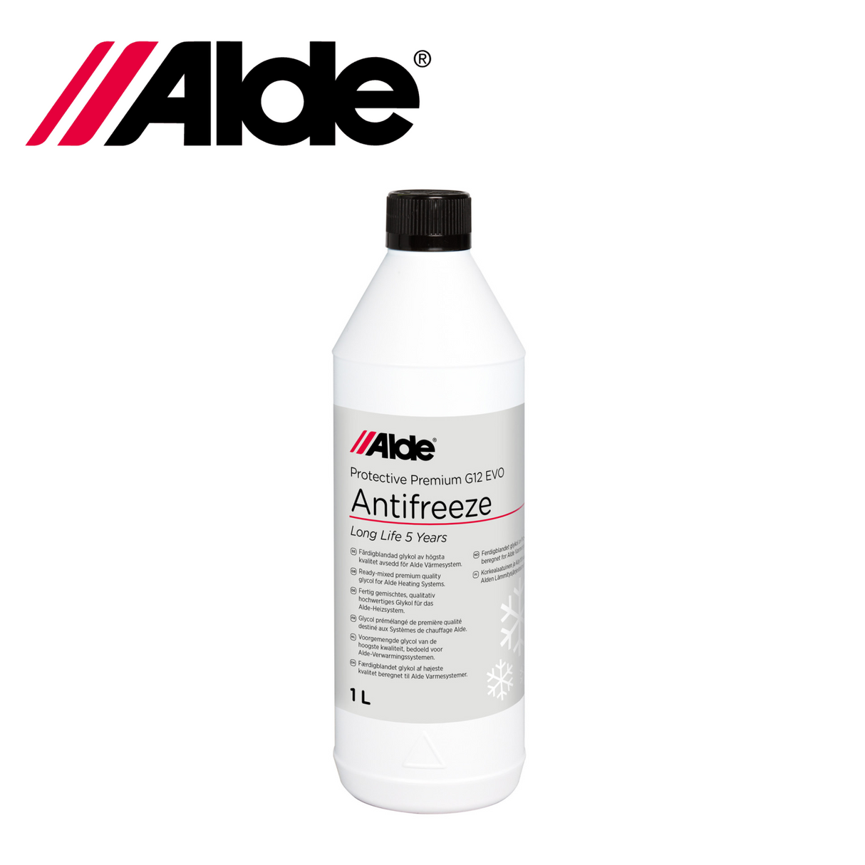 Alde Premium G12evo Antifreeze in a 1L bottle, showcasing the vibrant red liquid and clear labeling.