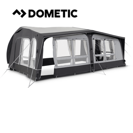 Dometic Residence Air All Season Awning extended over a patio, showcasing its spacious design and durable fabric.