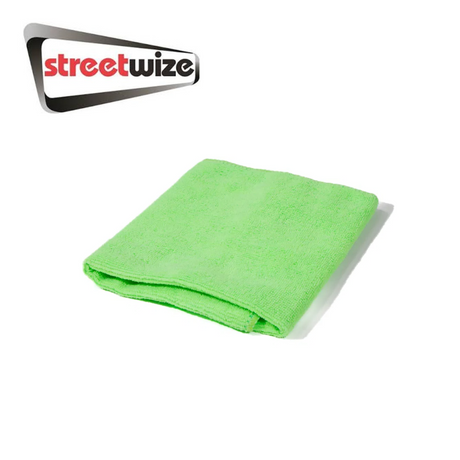 Green Streetwize microfiber cloths, two-piece set, displayed on a flat surface, showcasing their soft texture and vibrant color.
