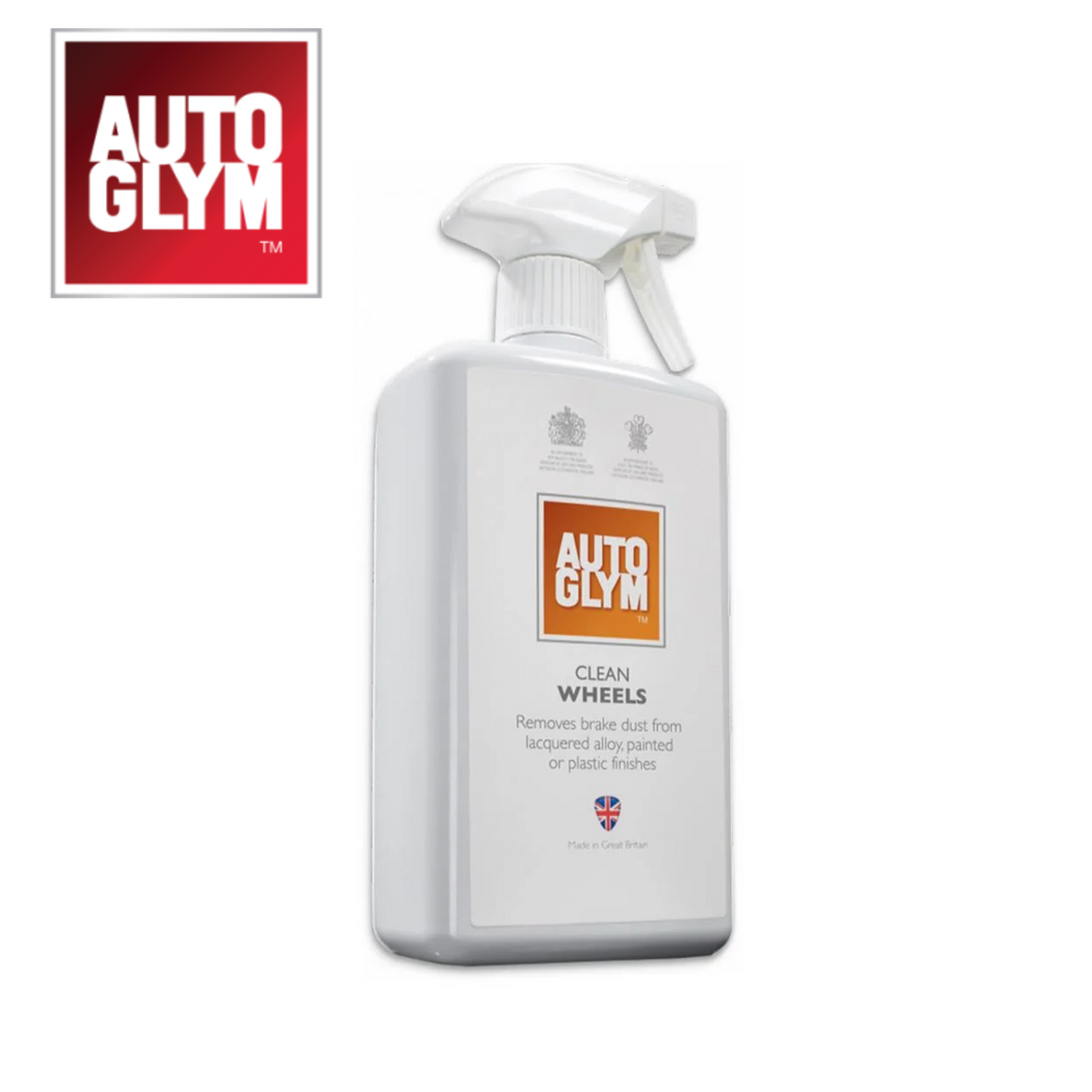 Autoglym Clean Wheels vehicle cleaner bottle with spray nozzle, featuring a label and clean wheels background.