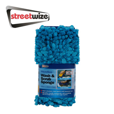 Streetwize microfibre wash and scrub sponge, featuring a soft texture for effective cleaning and scrubbing surfaces.