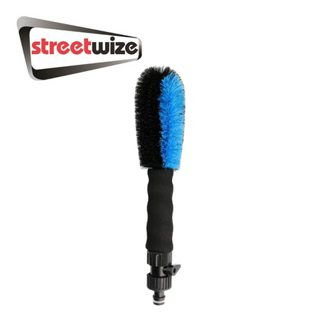 Streetwize Flow Thru alloy wheel brush with long handle, designed for effective wheel cleaning and maintenance.