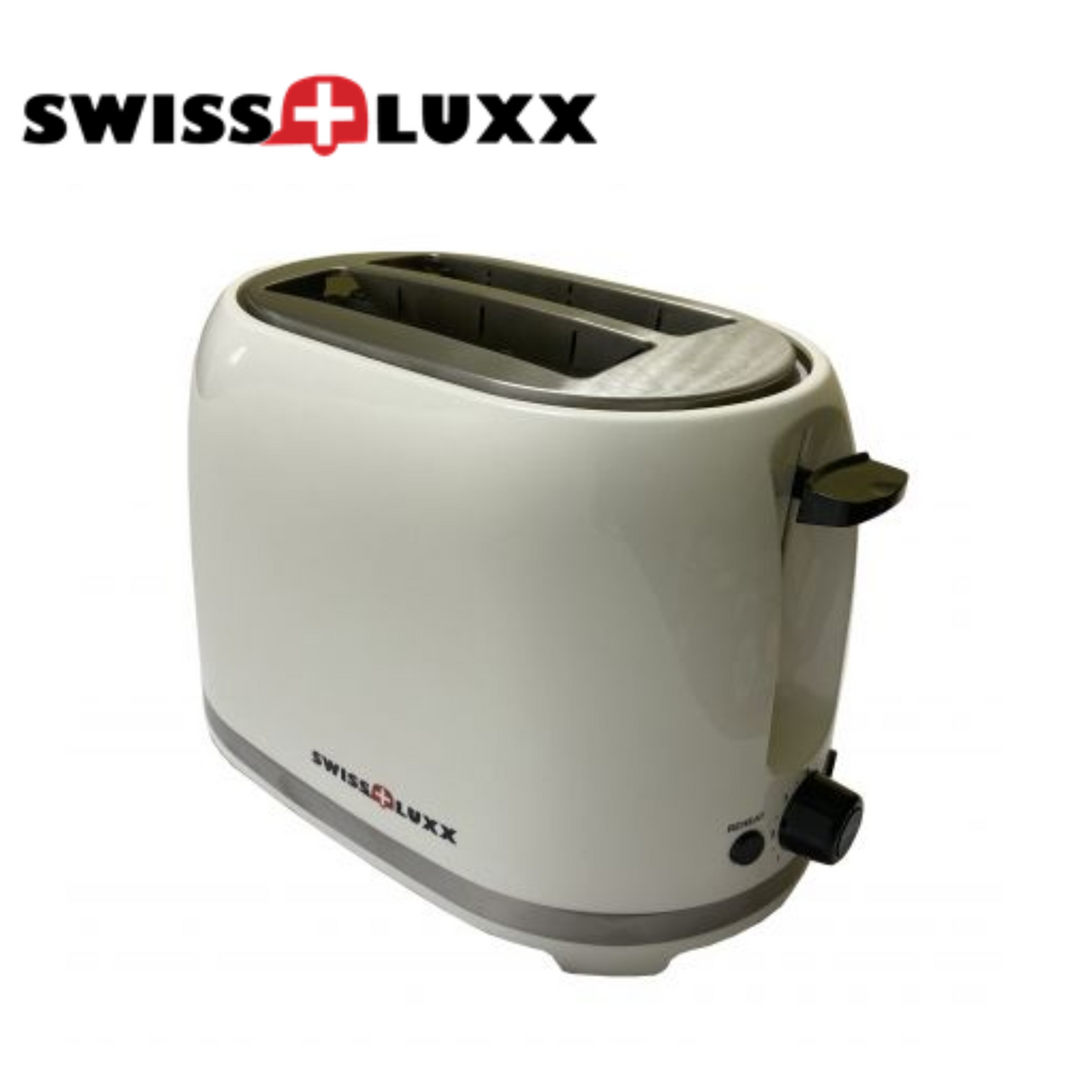 Swiss Luxx Deluxe White Toaster, low wattage design, featuring a sleek exterior and easy-to-use control knobs.