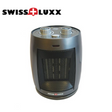 Swiss Luxx low wattage ceramic fan heater with a sleek design, showcasing its compact size and adjustable swivel feature.
