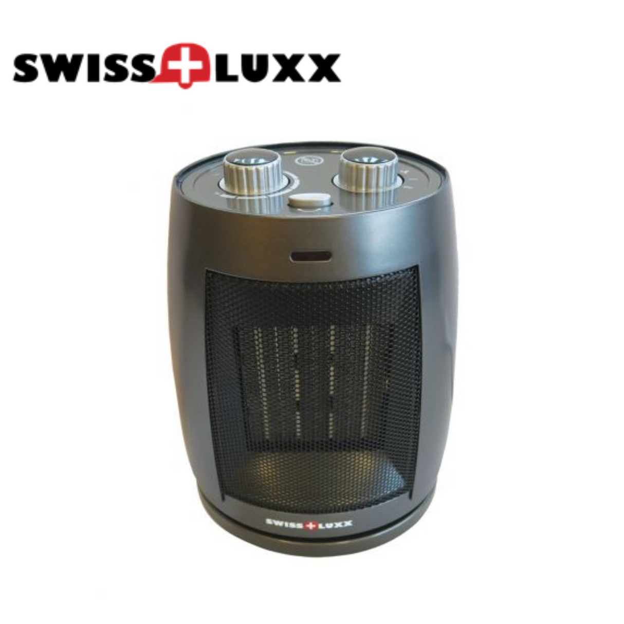 Swiss Luxx low wattage ceramic fan heater with a sleek design, showcasing its compact size and adjustable swivel feature.