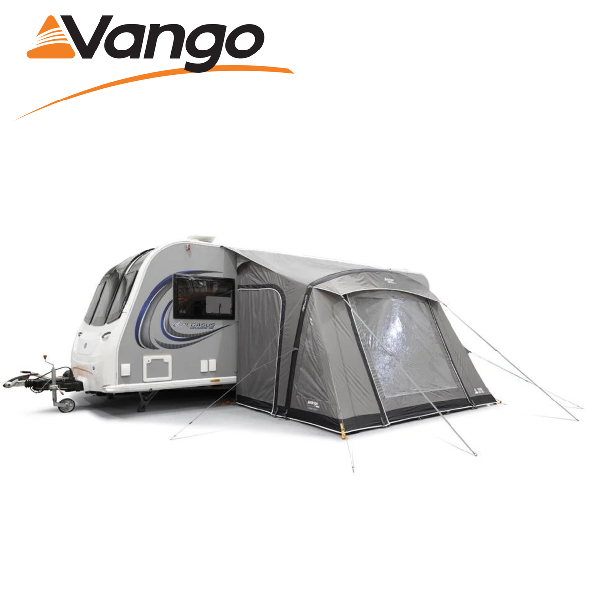 Vango Palma Air 330 Awning in a spacious outdoor setting, showcasing its inflatable design and attached to a caravan.