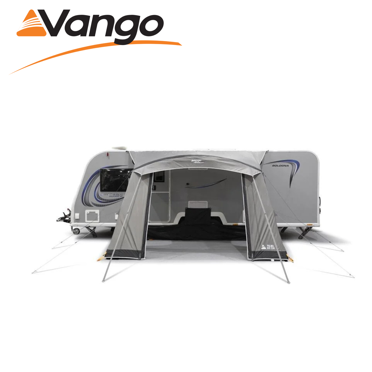 Vango Palma Air 330 Awning in a spacious setup, showcasing its inflatable structure and durable fabric.