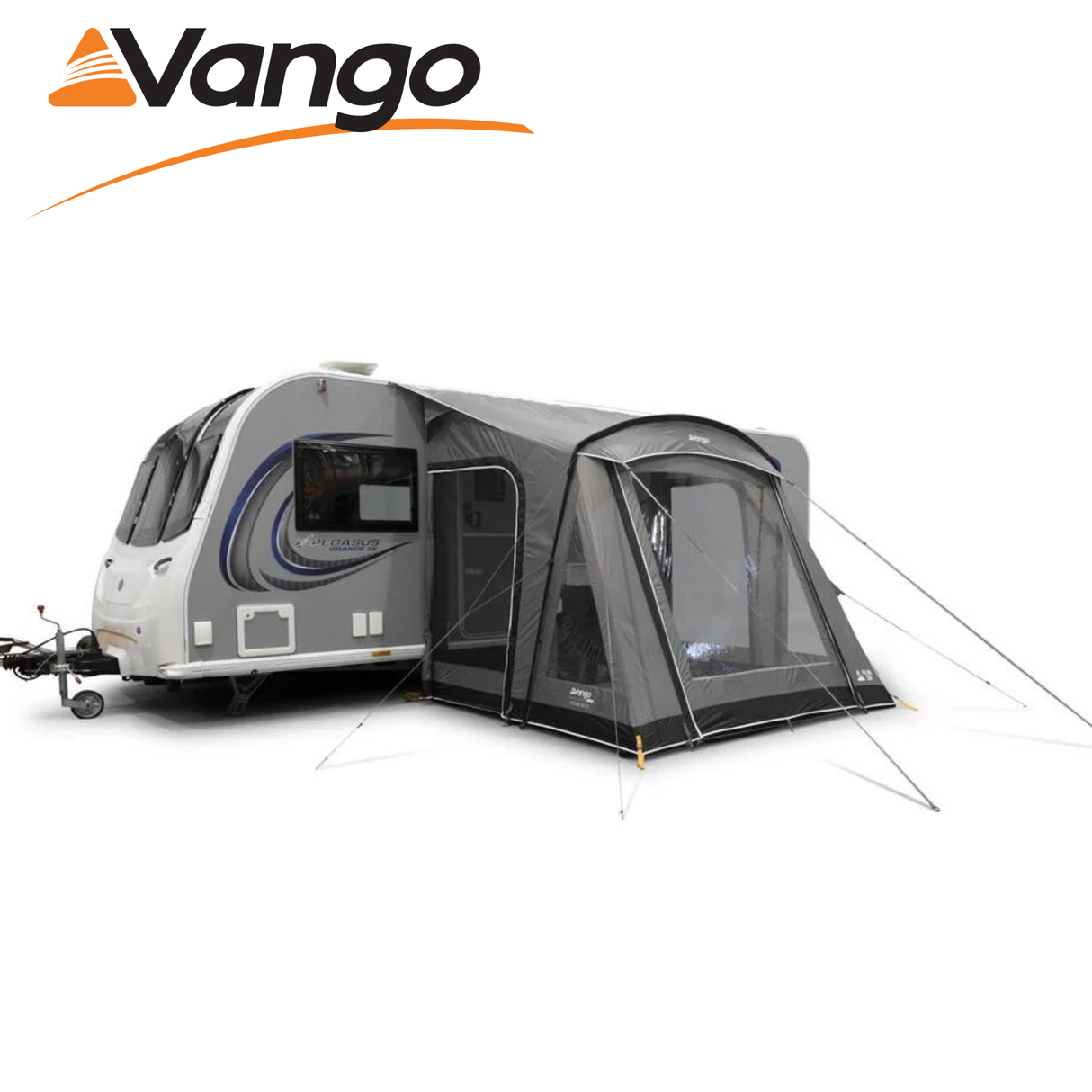 Vango Palma Poled 260 Awning set up in a campsite, showcasing its spacious design and durable fabric construction.