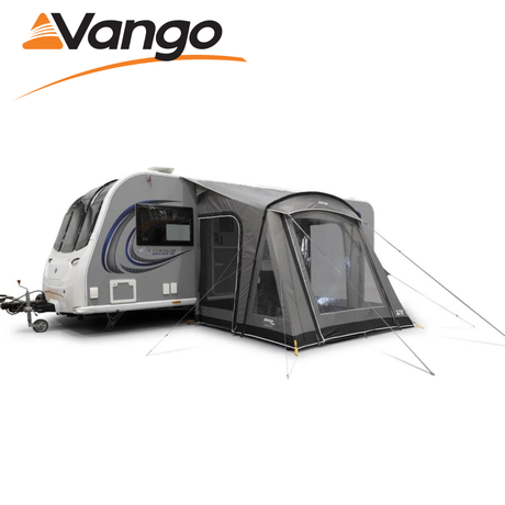 Vango Palma Poled 260 Awning set up in a campsite, showcasing its spacious design and durable fabric construction.