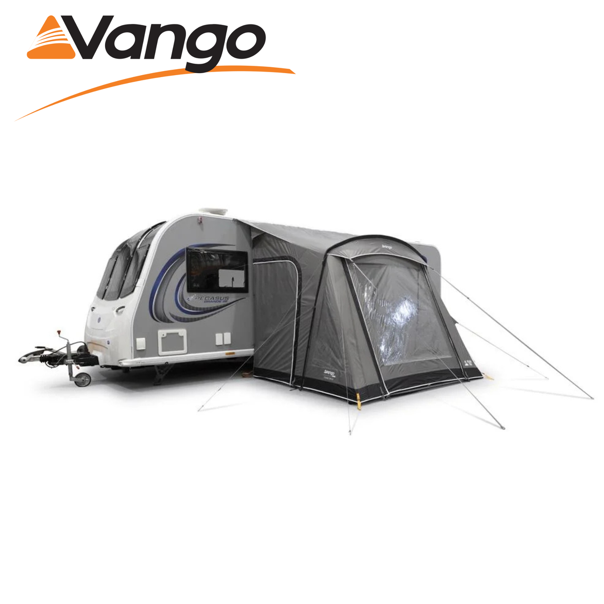 Vango Palma Poled 260 Awning set up outside a caravan, showcasing its spacious design and durable fabric.