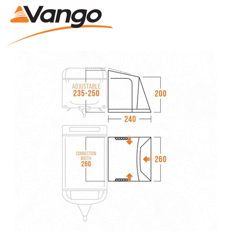 Vango Palma Poled 260 Awning set up outside a caravan, showcasing its spacious design and sturdy poles.