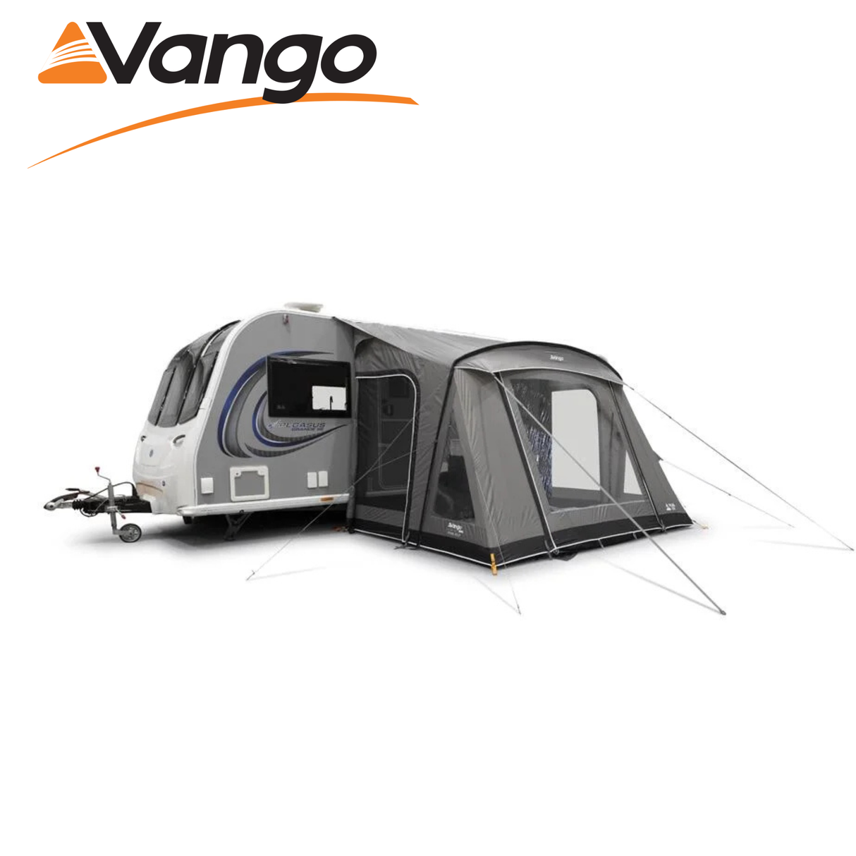 Vango Palma Poled 330 Awning set up outside a caravan, showcasing its spacious porch design and durable fabric.