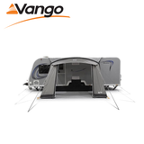 Vango Palma Poled 330 Awning set up outside a caravan, showcasing its spacious design and durable fabric.