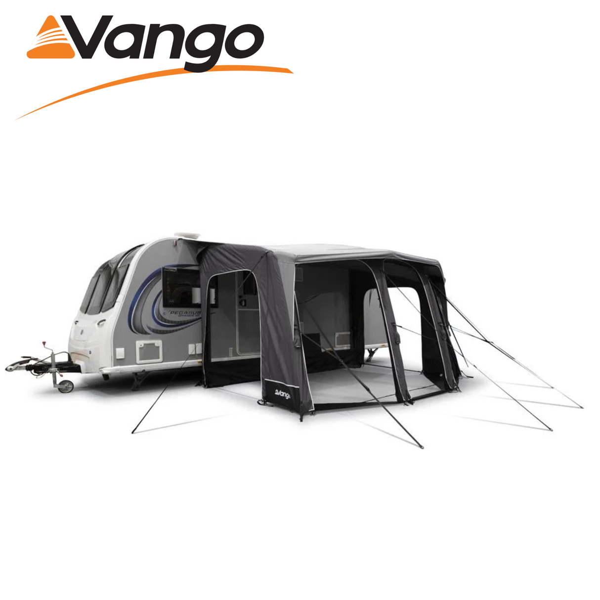 Vango Tuscany Pro Air 500 porch awning set up outside a caravan, showcasing its spacious design and durable materials.